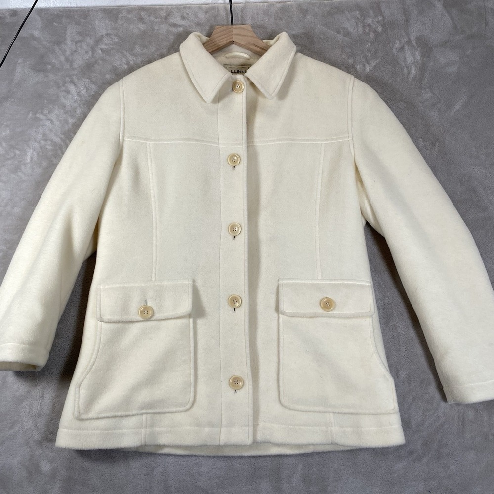 VINTAGE LL Bean Jacket Women Blend M *Stains Cream Chore Wool Coat